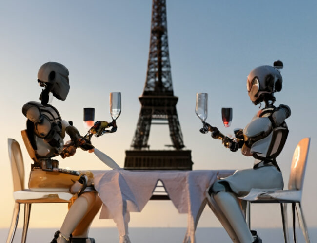 "Um casal de robôs jantando bem com a Torre Eiffel ao fundo"