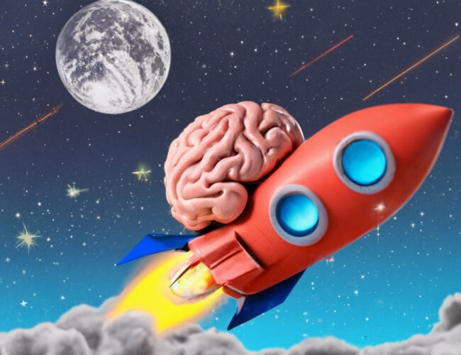 "Um cérebro pilotando um foguete em direção à lua"