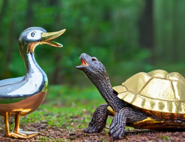 "Um pato cromado com bico dourado discutindo com uma tartaruga furiosa em uma floresta"